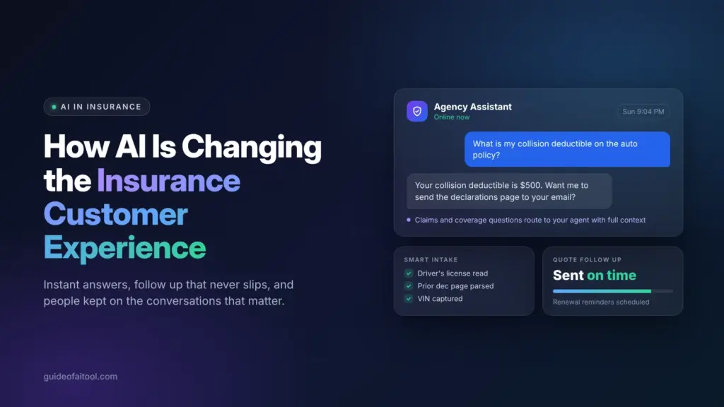 Insurance customer experience with AI showing an agency assistant answering a deductible question, smart document intake and automated quote follow up