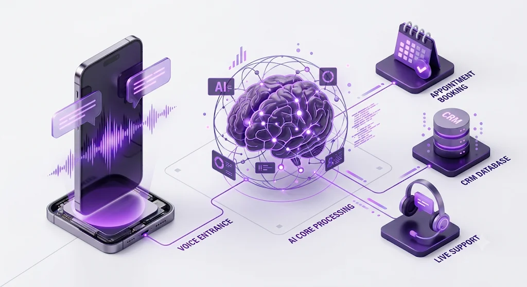 AI voice agent connecting a phone call to appointment booking, CRM database and live support through AI core processing