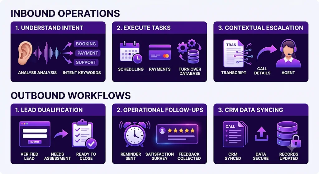 AI voice agent inbound operations and outbound workflows covering intent detection, task execution, escalation, lead qualification, follow ups and CRM syncing
