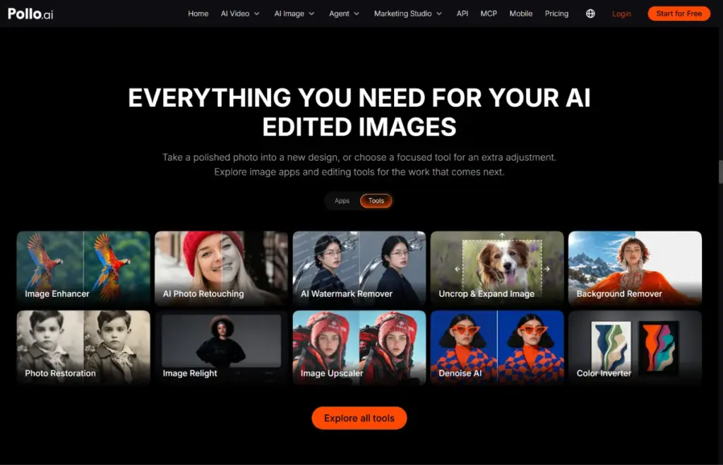 Pollo AI tools page showing background remover, image expander and other AI photo editing features