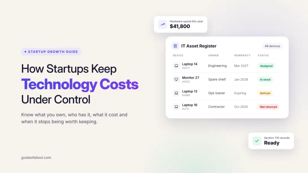 How startups keep technology costs under control, shown as an IT asset register tracking each device, its owner, warranty date and return status