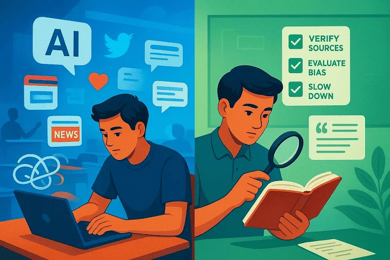 Student comparing an AI chatbot answer on a laptop with a printed book to evaluate AI generated sources